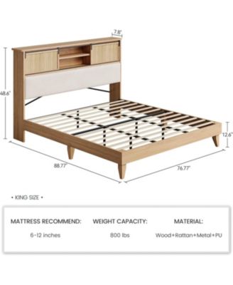 King Size Rattan Bed Frame with Headboard, Storage Shelves, Boho Solid Wood Platform, Sliding Door Shelf