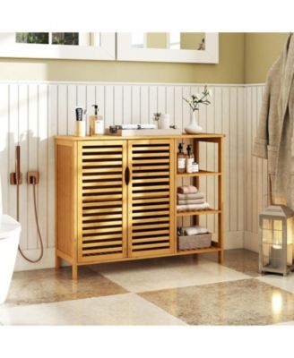 2-Door Bamboo Bathroom Storage Cabinet Organizer with Shelves, Freestanding