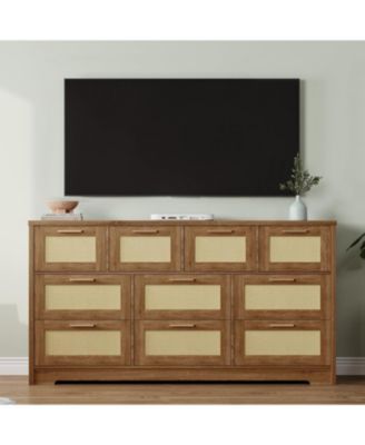 10 Drawers Dresser for Bedroom, Rattan Chest of Drawers with Spacious Tabletop & Handles, Closet Dresser Organizer TV Stand for Living Room,