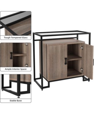 Rattan Nightstand with Tempered Glass Top, 2-Door Open Storage Cabinet with Steel Frame for Bedroom