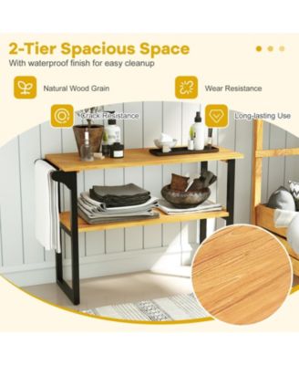 2-Tier Solid Teak Wood Bathroom Shelf with Towel Rack