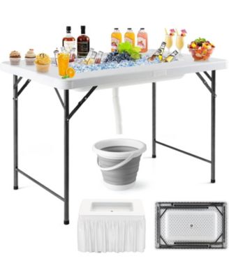 4 ft Folding Ice Bin Table with Skirt and Ice Bucket for Camping, Picnic, Wedding