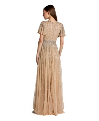 Women's Hand Embellished V-Neck Flutter Sleeve Gown