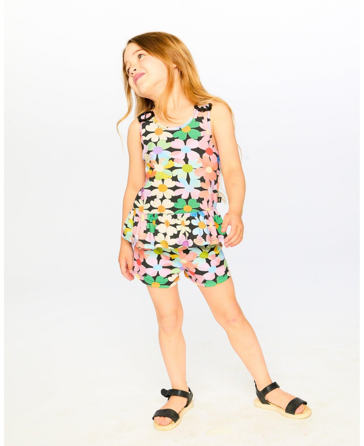 Deux par Big Girls Jersey Tank Top Black Printed Flowers