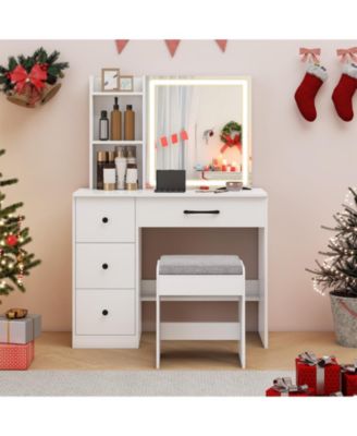 Vanity Desk and Chair Set with Sliding Lighted Mirror and 4 Drawers, Makeup Table