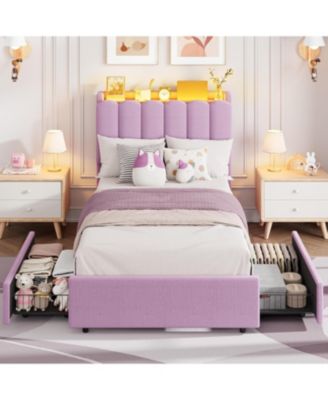 Twin XL Boucle Upholstered Platform Bed with Wavy Headboard, Storage Bookcase, 2 Drawers, No Box Spring Needed