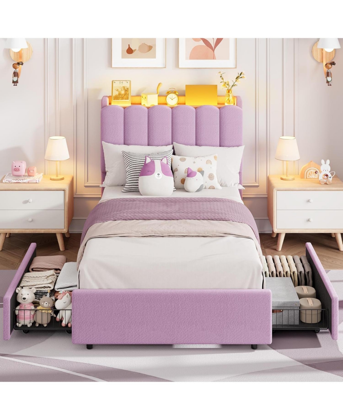 gaomon Boucle Upholstered Platform Bed with Wavy Headboard, Storage Bookcase, 2 Drawers