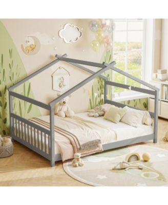 Montessori Full Size Floor Bed with House Frame and Headboard