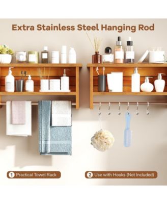 Wall-Mount 2-Tier Solid Teak Wood Bathroom Shelf with Towel Bar