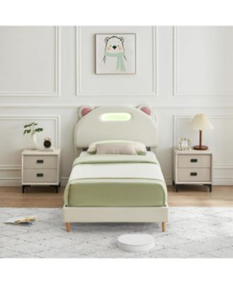 Twin Upholstered Platform Bed Frame with LED Headboard and Wooden Slats, Kids' Bed, Beige