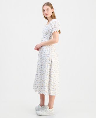 Juniors' Textured Floral Printed Puff-Sleeve Midi Dress