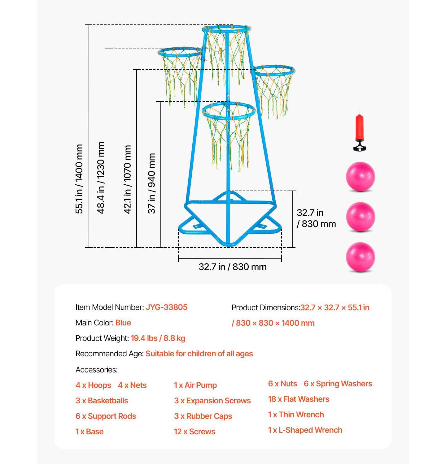 Детские игрушки SUGIFT 4-Hoop Kids Basketball Set with Adjustable Height, Ages 3+, цвет: Синий — фото 5
