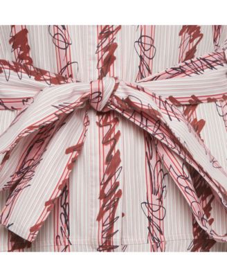 Women's Pink Scribble Printed Cotton Belted Shirt Dress