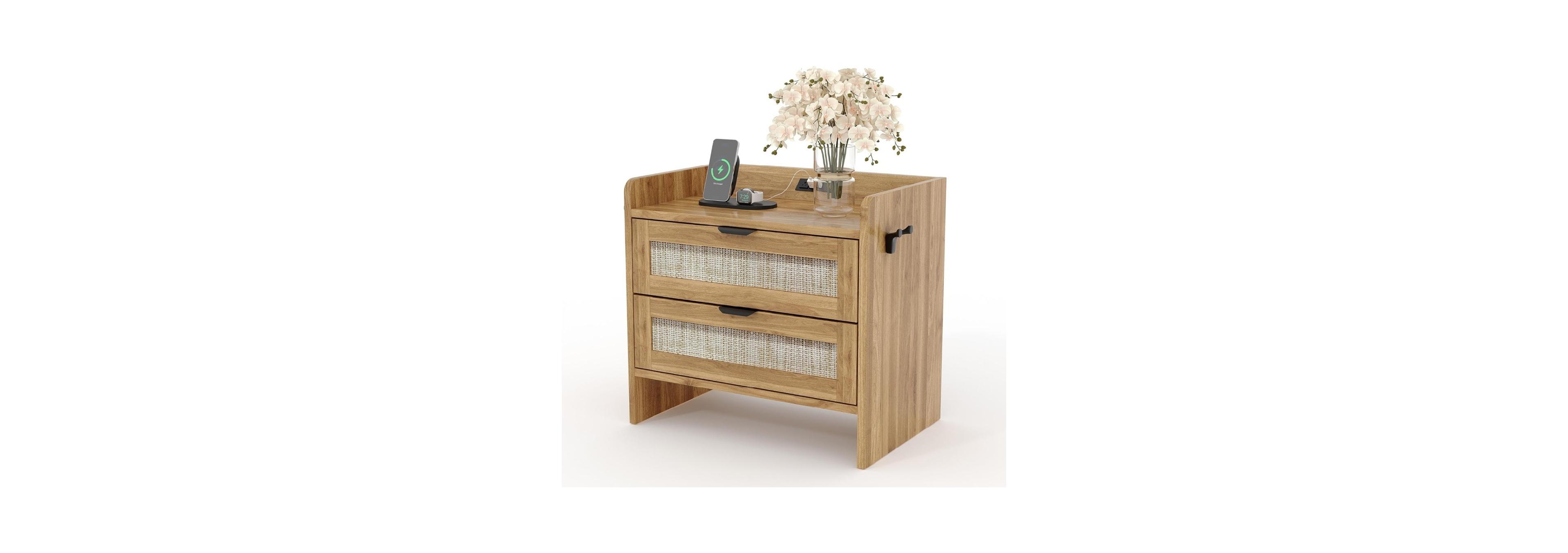 gaomon 1PC Walnut Brown Rattan Nightstand, 2-Drawer Bedside Table with Type-c Charging Station