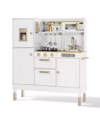 Pretend Play Kitchen Wooden Toy Set for Kids w/Lights & Sounds, Utensils, Oven, Microwave