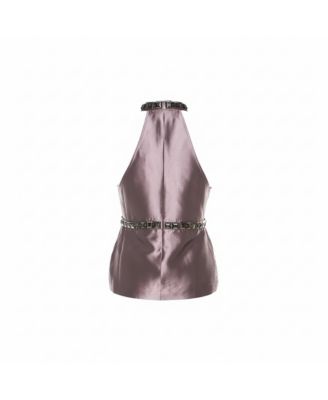 Women's Metallic Purple Silk Blend Stud Embellished Halter Neck Top