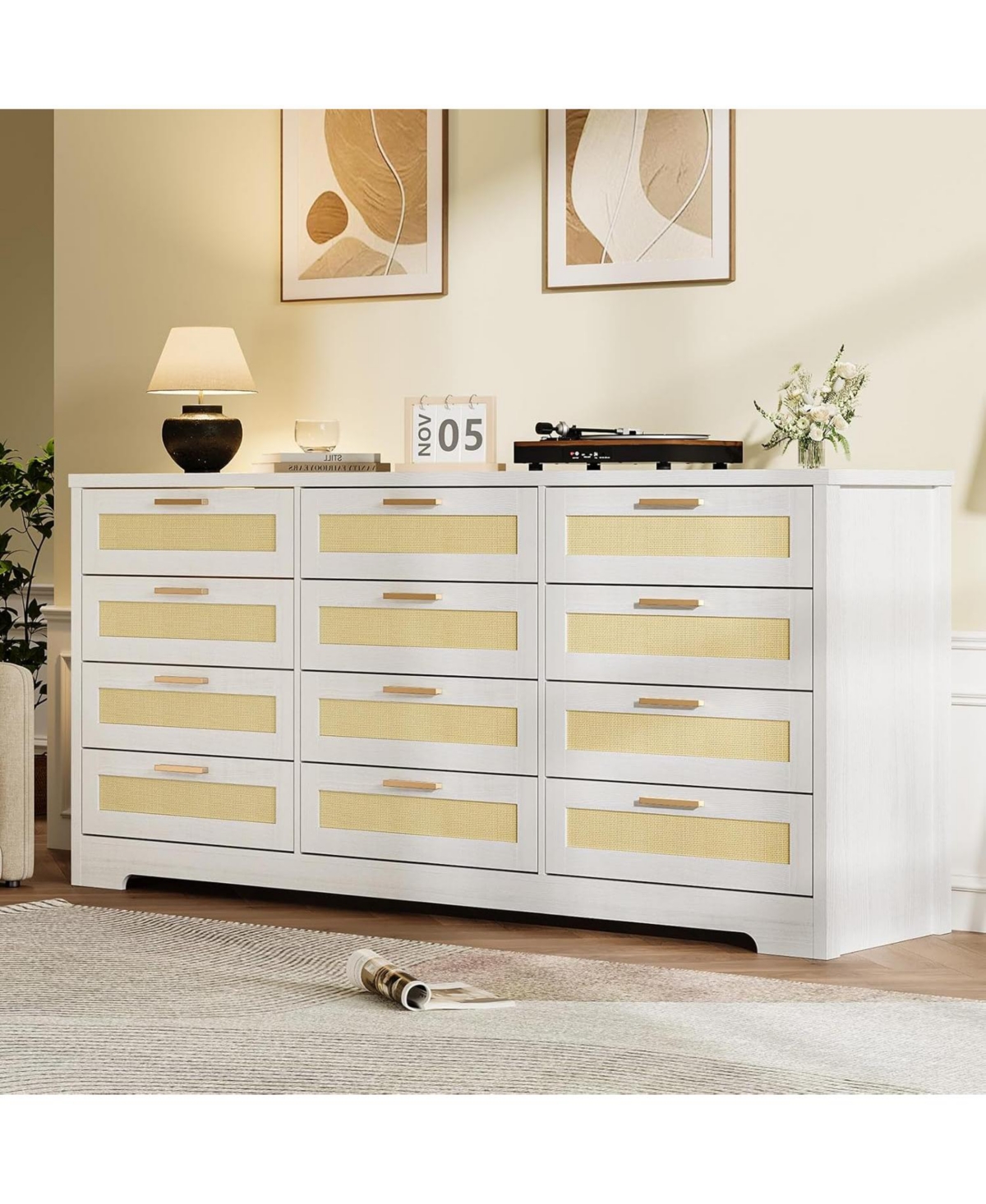 gaomon 12 Drawer Dresser for Bedroom, Wood Storage Organizer with Rattan Panel Drawers and Handles - Modern Rattan Chest of Drawers