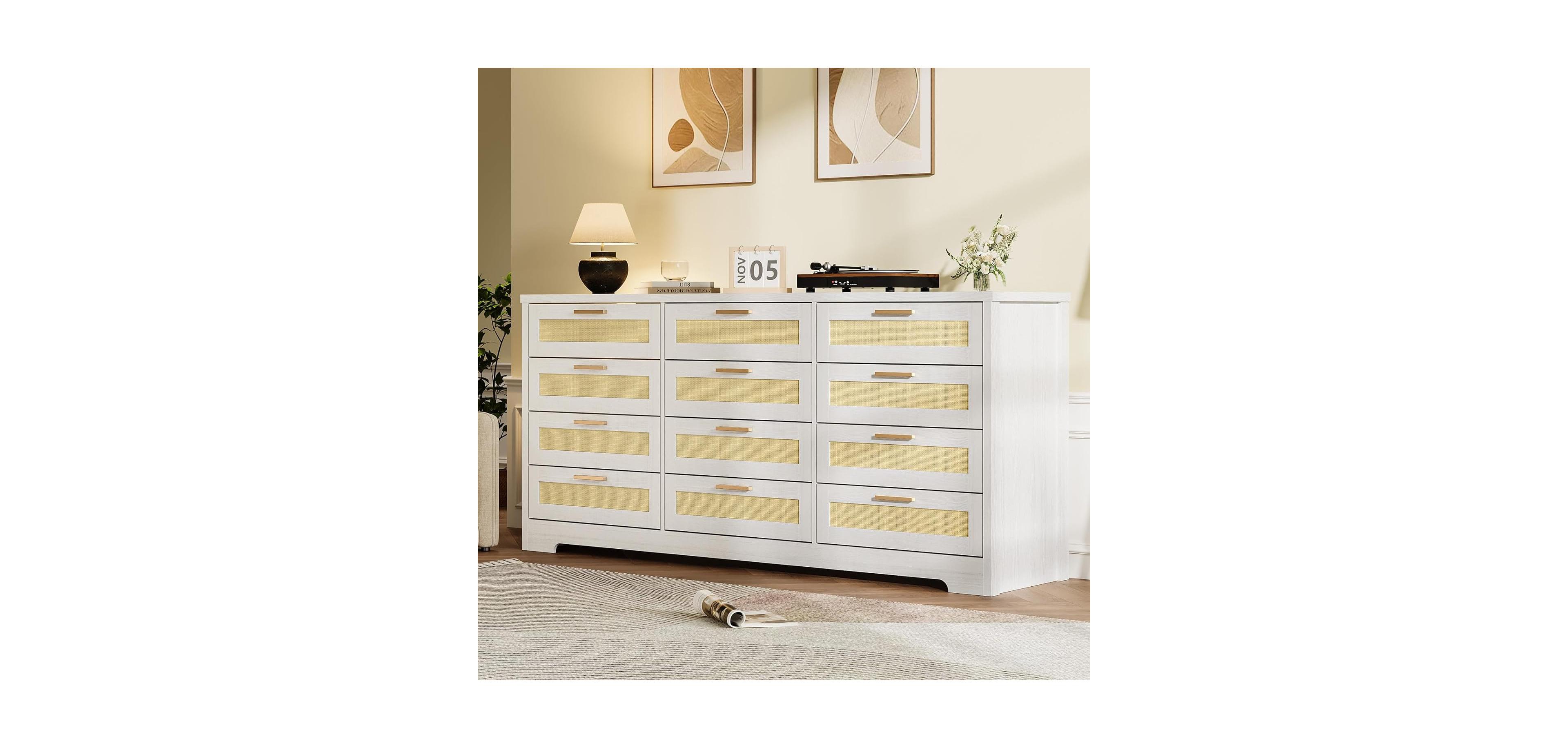 gaomon 12 Drawer Dresser for Bedroom, Modern Rattan Chest of Drawers, Wood Storage Organizer with Rattan Panel Drawers and Handles