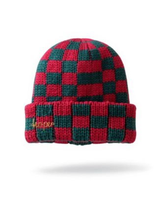 Women's Two-Tone Checkerboard Knit Beanie - Red + Green