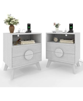 Set of 2 Natural Oak Fluted Wood Nightstands, Bedroom Bedside Table with USB Charging Station