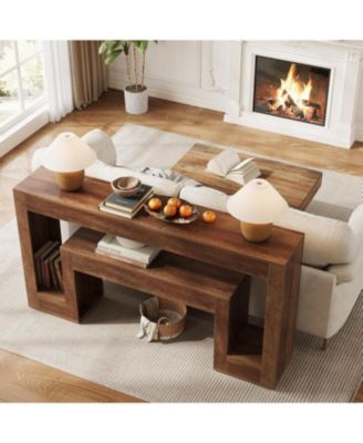 63-Inch Long Console Table with 2-Tier Shelf,Wood Farmhouse Sofa Table Behind The Couch,Narrow Sofa Table, Rustic Brown