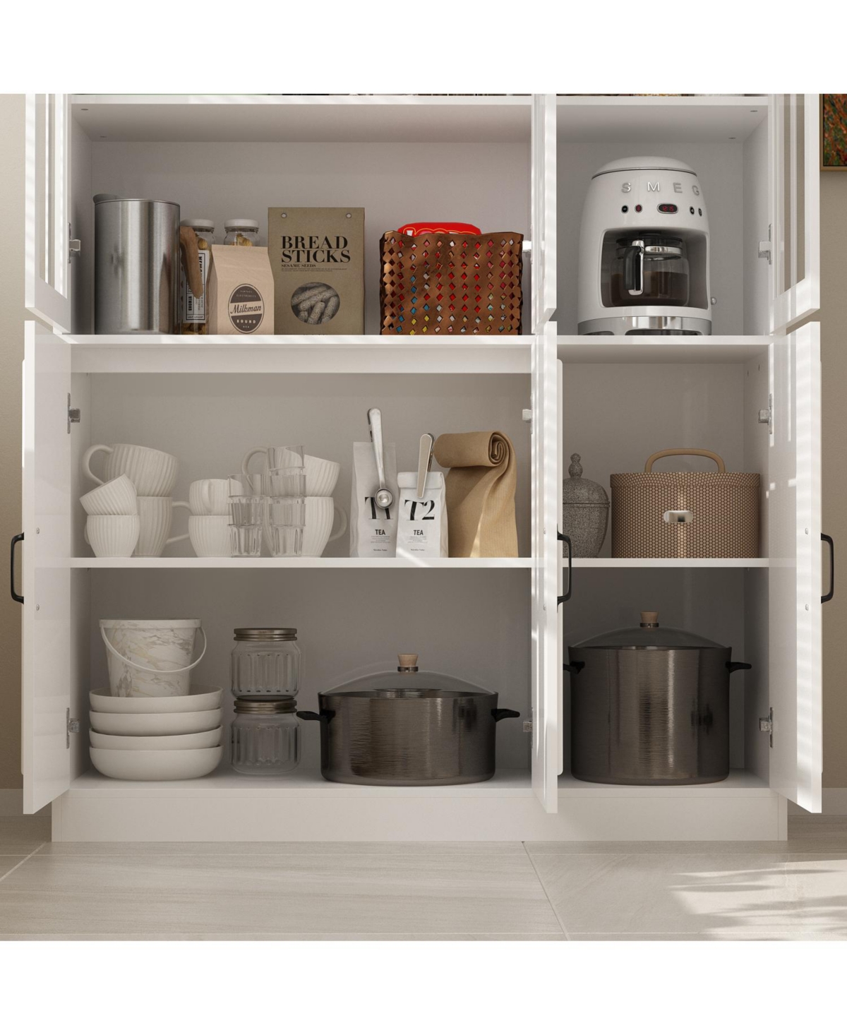 Homsee White Wooden Storage Cabinet Sideboard with 4 Drawers and 3-Tier of Shelf