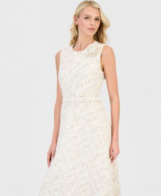 Women's Tweed Rosette Belted Midi Dress