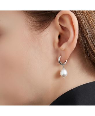 Silver Mini Hoop Earrings with Freshwater Pearl Drop