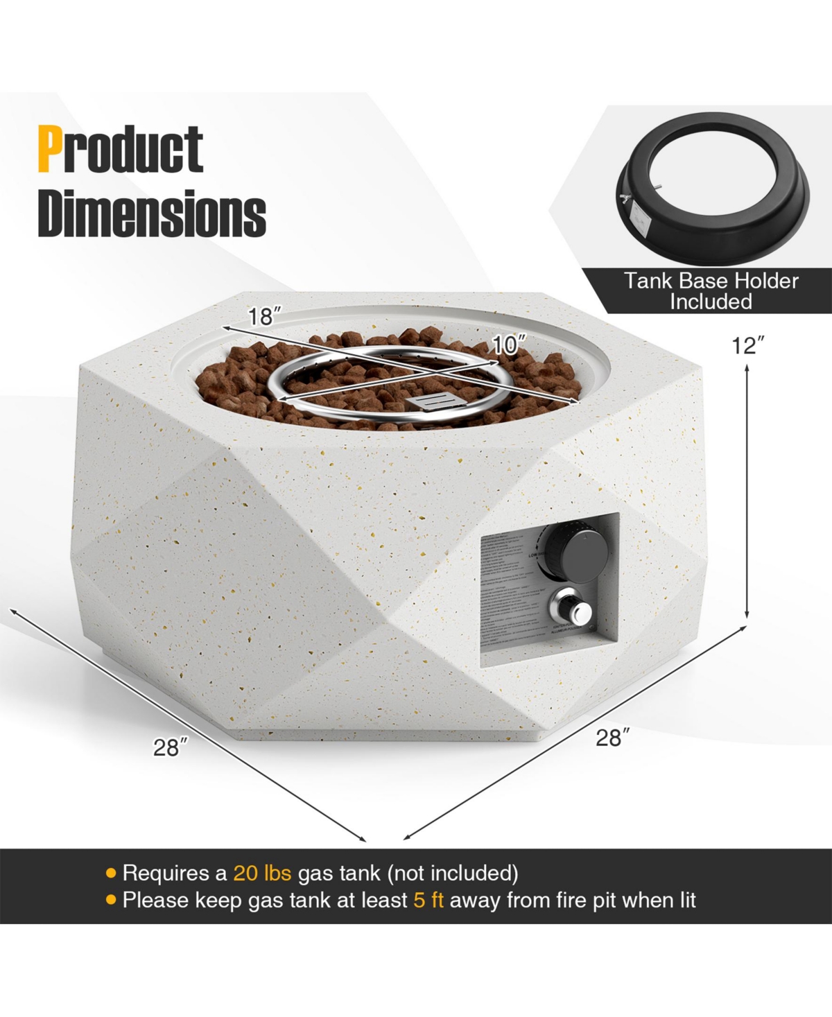 Sugift 28 Inch 40000 Btu Hexagon Terrazzo Propane Fire Pit Table with Stainless Steel Burner