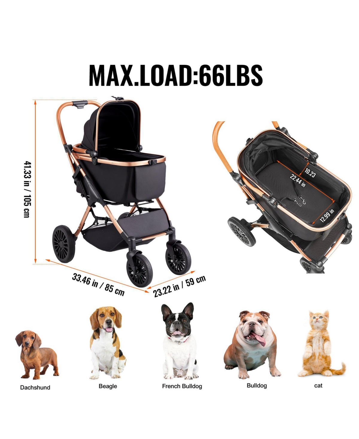 Sugift Pet Stroller 4-Wheel Dog Stroller with Brakes Detachable Carrier 66 Lb Black