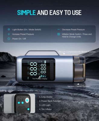 4-in-1 Portable Car Jump Starter with Air Compressor 150 PSI and Vacuum Cleaner 12V 1000A with LED Emergency Light Power Bank and Multi Nozzle Kit