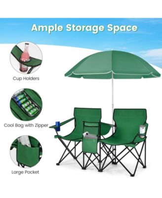 Portable Folding Double Picnic Chair with Umbrella, Outdoor Seating