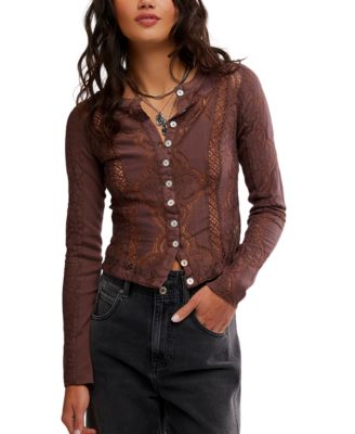 Women's Button-Front Long Sleeve Lace Top