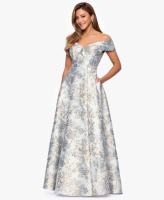 Petite Off-The-Shoulder Metallic Jacquard Gown