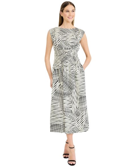 Женское платье Luxely Printed Boat Neck Sleeveless Midi, цвет: Кремовый / Чёрный