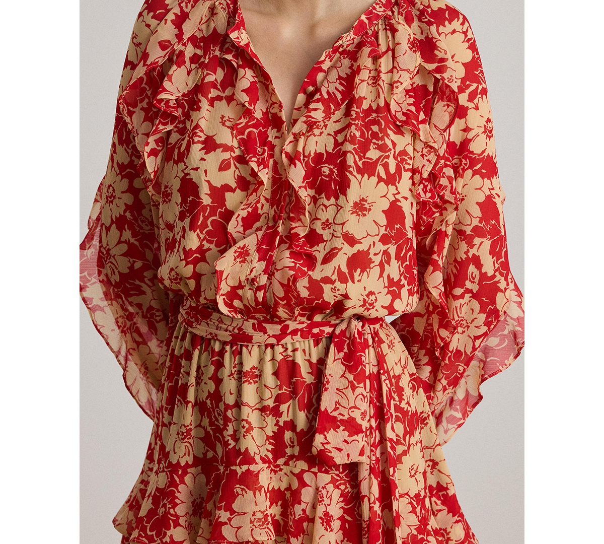 Lauren Ralph Women's Print Ruffle Trim Band Collar Tiered Dress