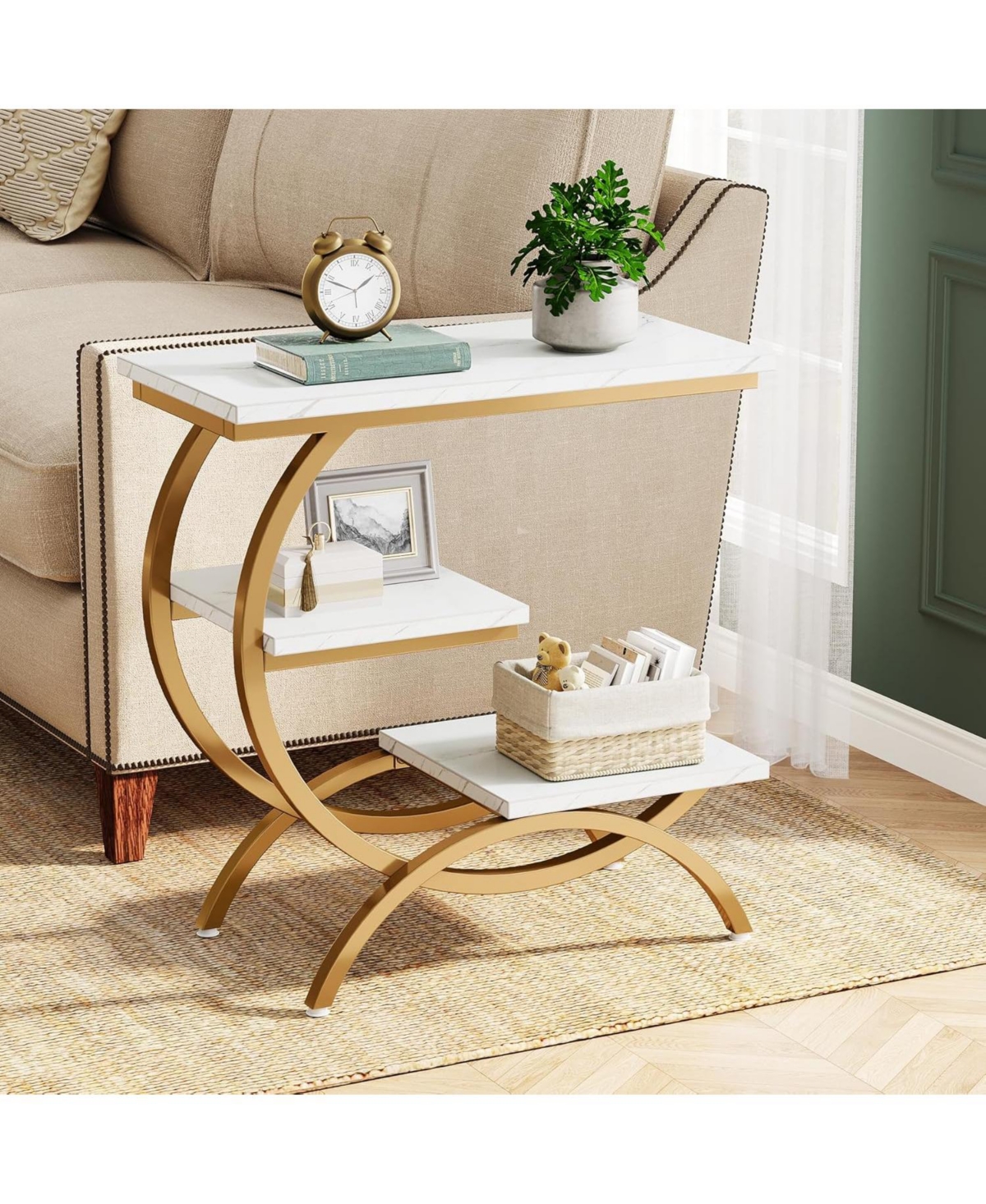 Tribesigns C-Shaped End Table Set of 2, Industrial 3-Tier Small Side Table for Couch, Wood Bedside Table Snack Side Table with Storage Shelves