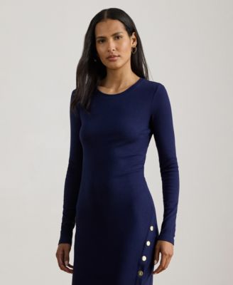 Women's Button-Trim Ribbed Round Neck Dress