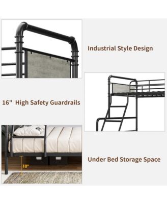 Bunk Bed Twin Over Full with High Guardrail and Ladder, Convertible Metal Bunk Beds