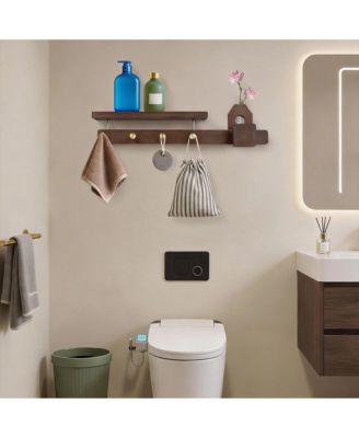 Solid Wood Coat Rack with 4 Copper Hooks, Shelf & Flower Holder