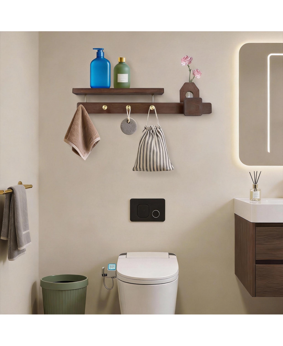 Yigii Solid Wood Coat Rack with 4 Copper Hooks, Shelf & Flower Holder