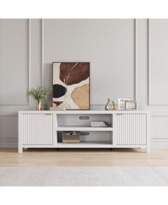 Fluted TV Stand for 80 Inch TV, Modern Entertainment Center with Storage & Gold Handles