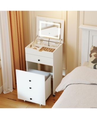 3-in-1 Small Vanity Set with Flip-Top Lighted Mirror, Drawers, and Stool