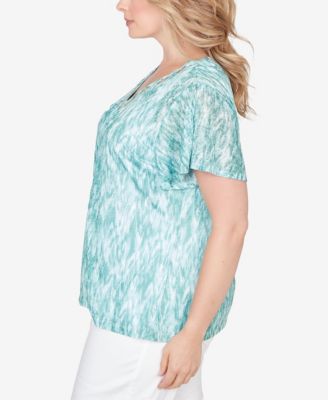 Plus Size Printed Knit Burnout Short Sleeve V-Neck Top