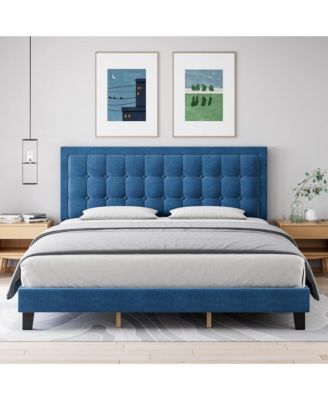 Platform Bed Frame with Upholstered Button Tufted Headboard, Metal Framework, Wood Slats Support