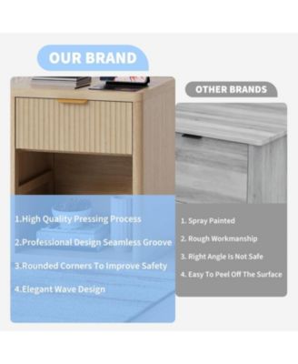 1PC Natural Fluted Nightstand, Drawer Storage Bedside End Table with USB Charging Station
