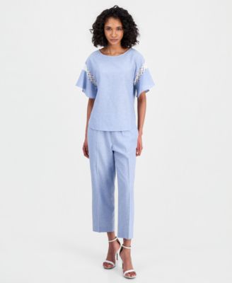 Women's Linen-Blend Flutter-Sleeve Lace-Trim Top