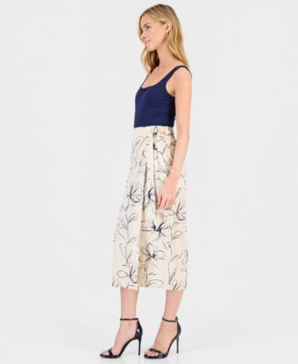 Women's Linen-Blend Embroidered Faux-Wrap Midi Skirt