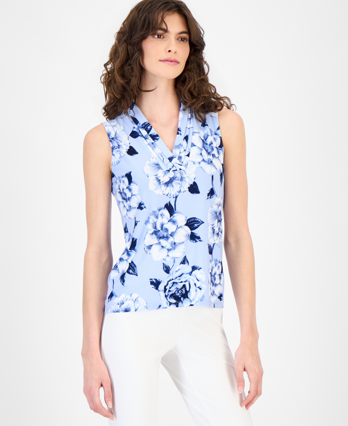 Anne Klein Women's Triple-Pleat V-Neck Sleeveless Top