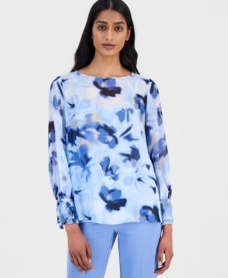 Women's Printed Pleated-Cuff Blouse